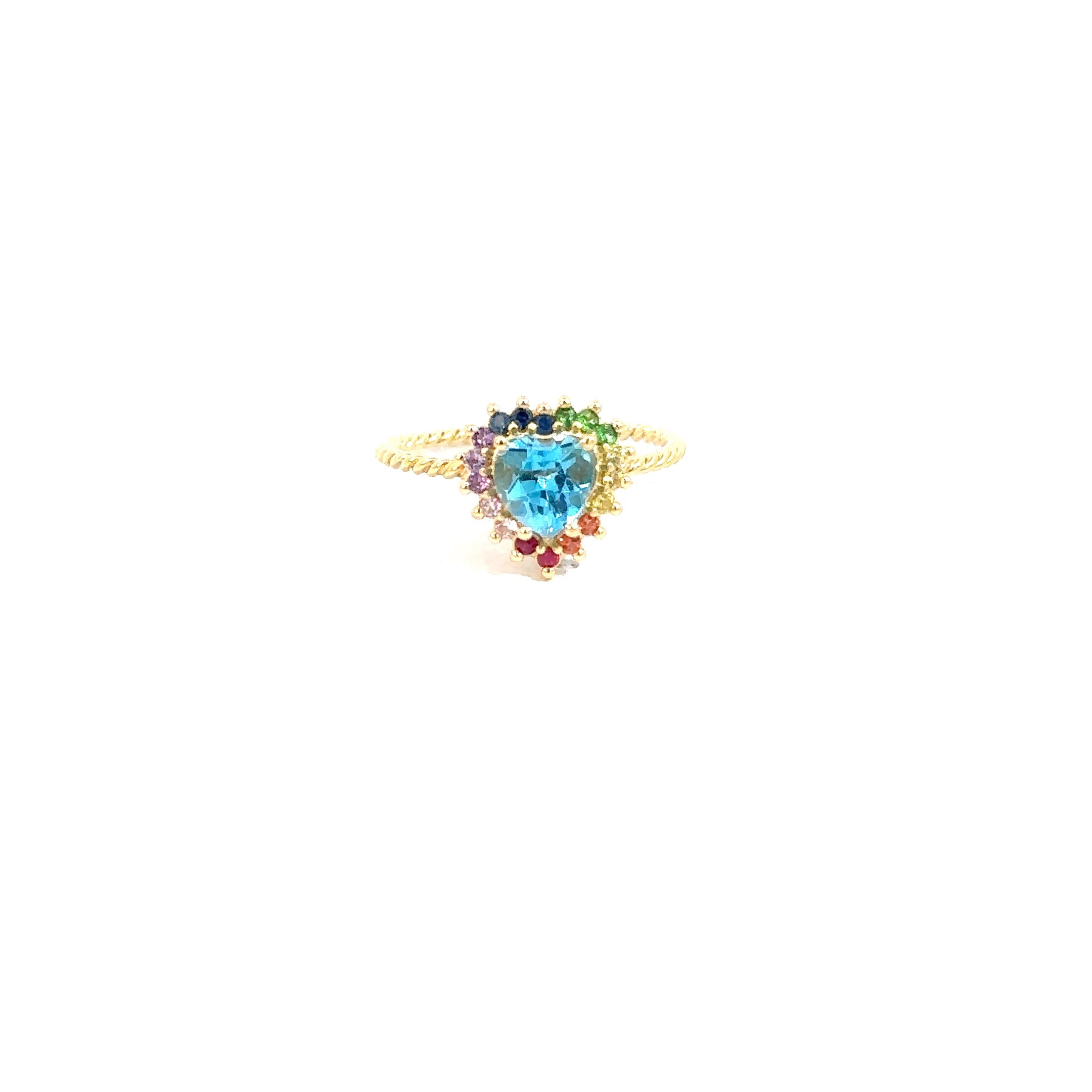 Anillo Camelia Topacio Swiss Blue espiral mini cluster arcoíris 9mm