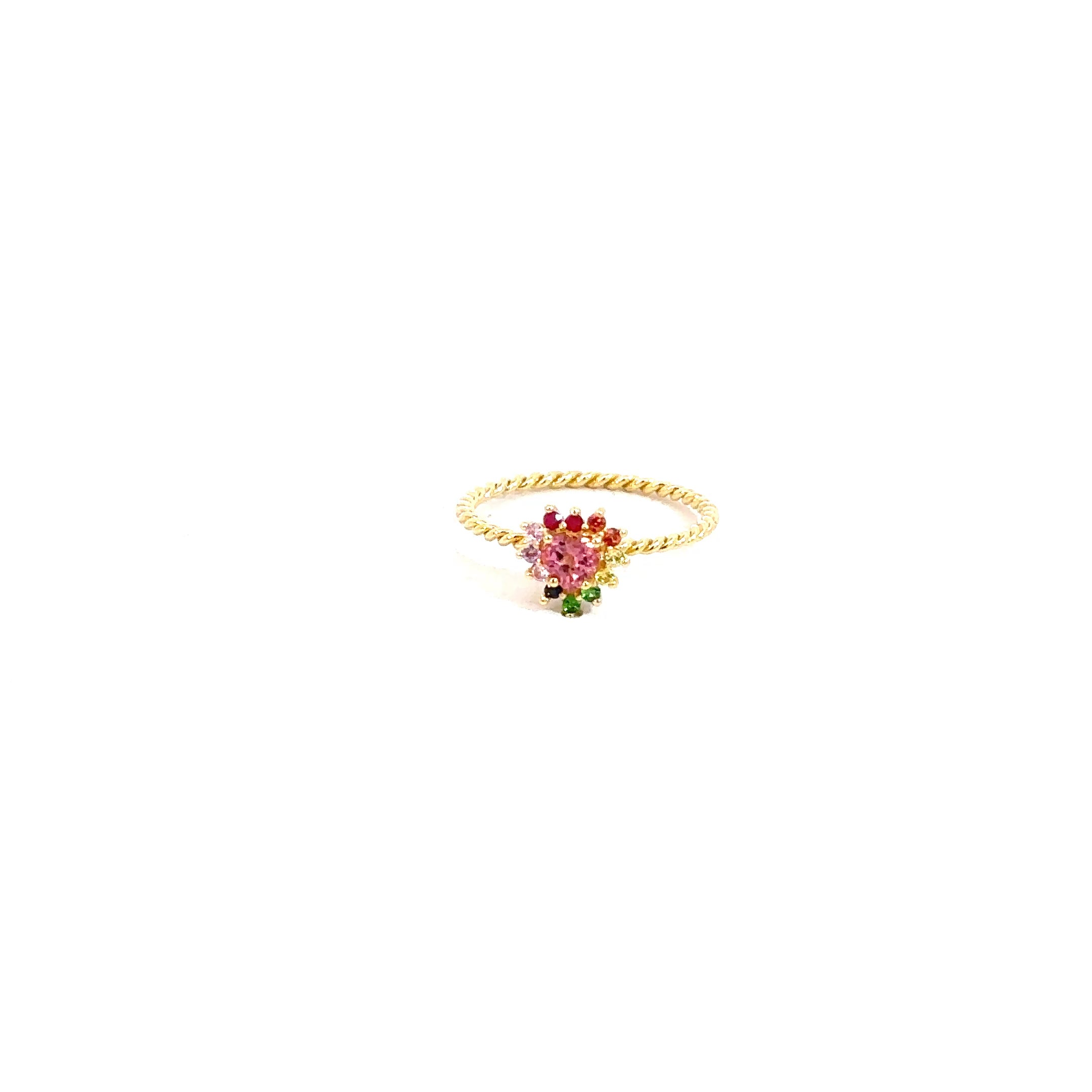 Anillo Camelia Turmalina rosada espiral mini cluster arcoíris 8mm