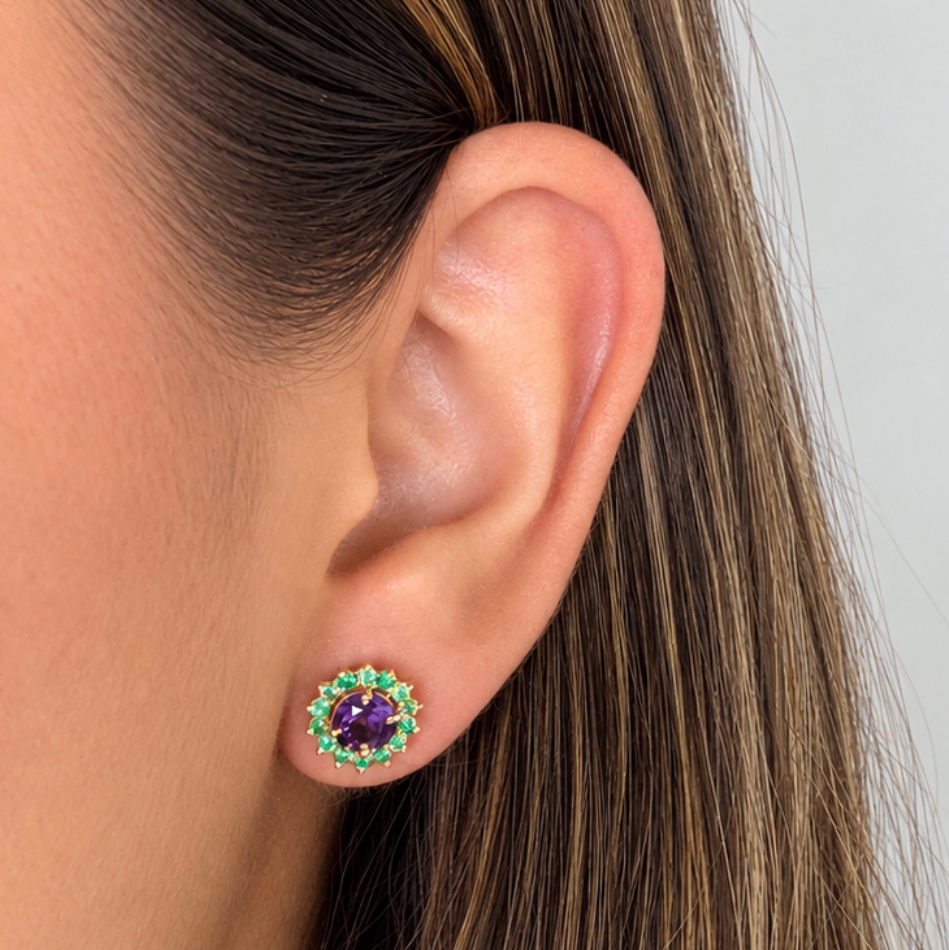 Aretes Flora Amatista con esmeralda 10mm