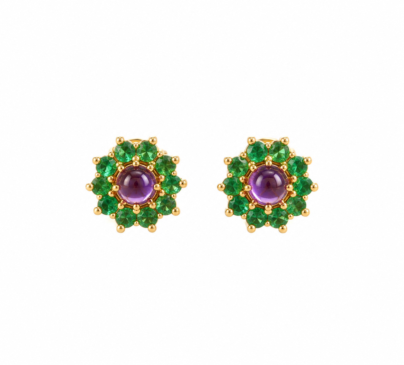 Aretes flora amatista cabuchón con esmeraldas 7,5mm