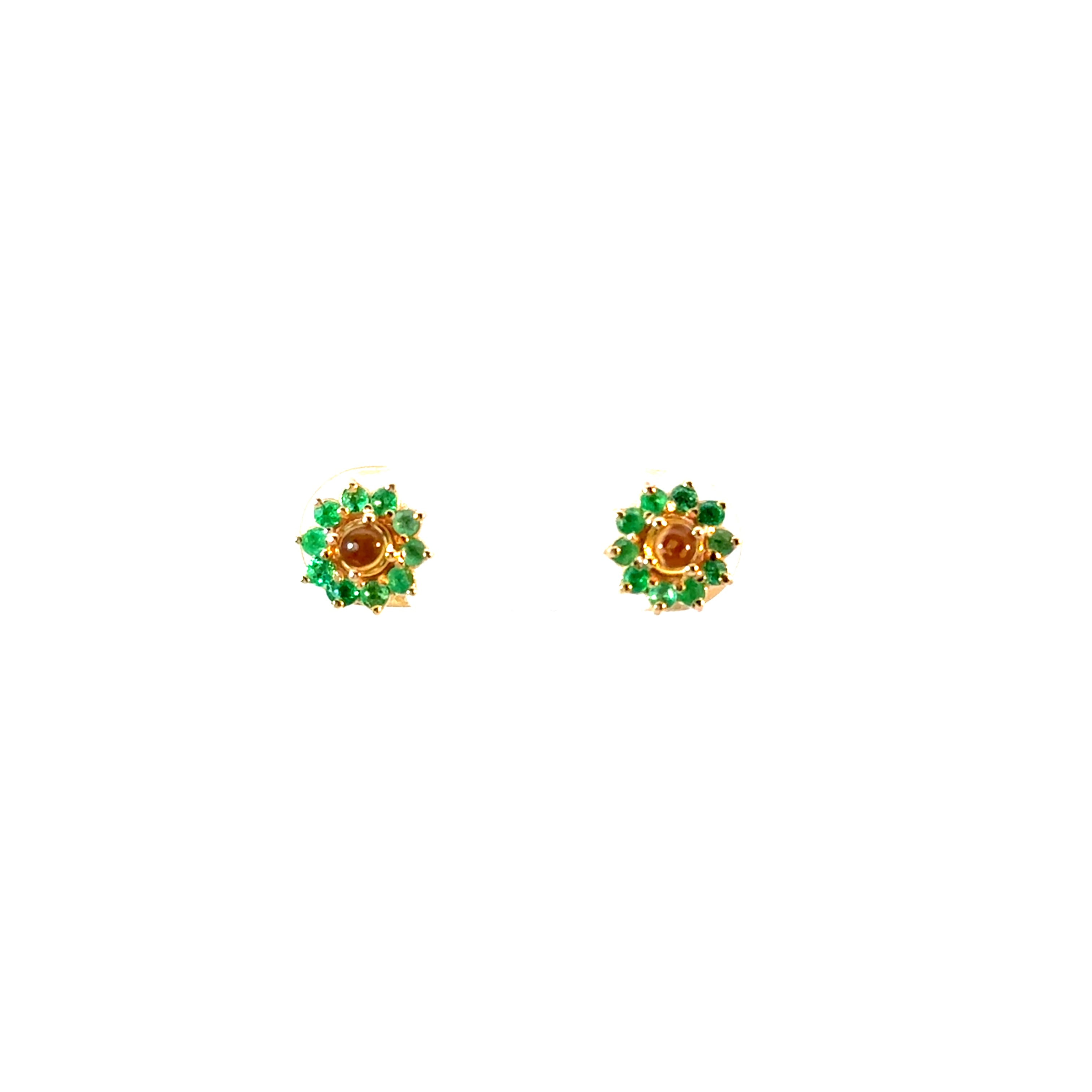 Aretes flora citrino cabuchón con esmeraldas 7,5mm