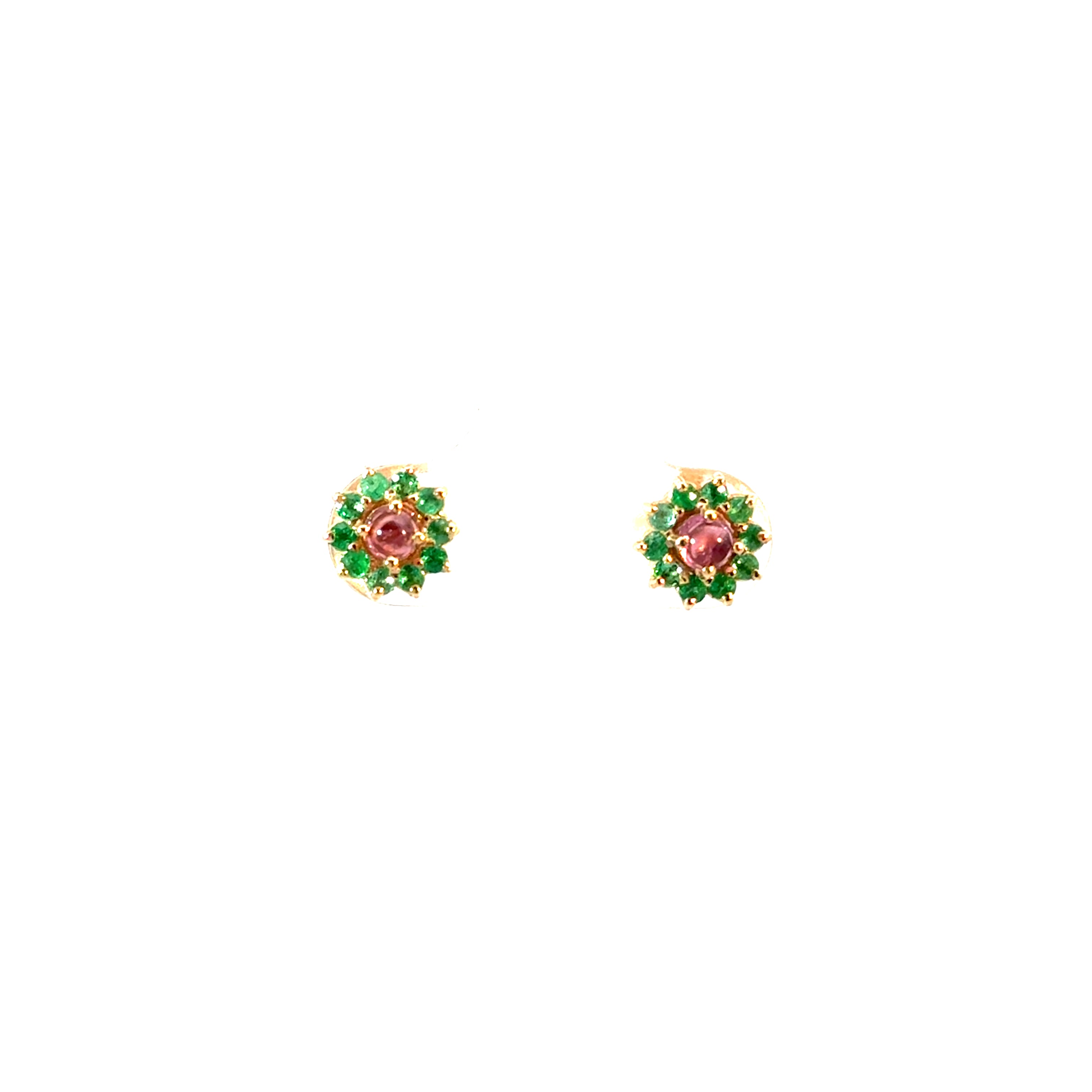 Aretes flora turmalina rosada cabuchón con esmeraldas 7,5mm