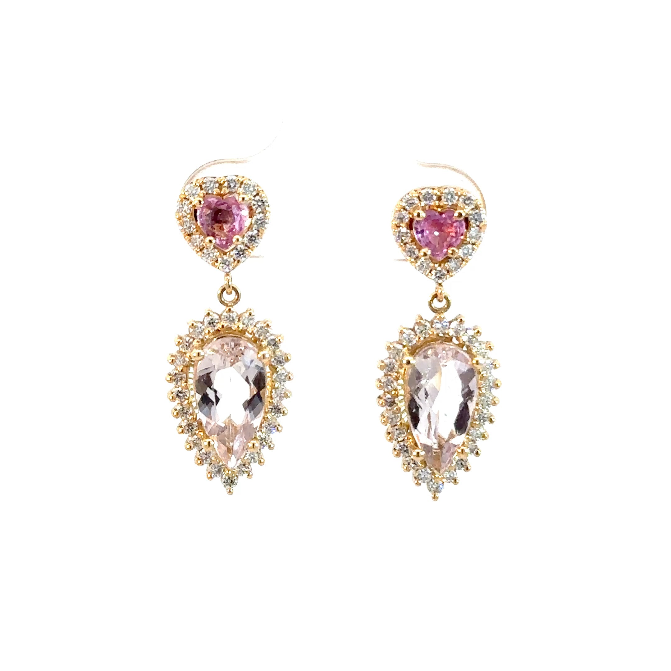 Aretes largos corazón zafiro rosado con morganitas y diamantes