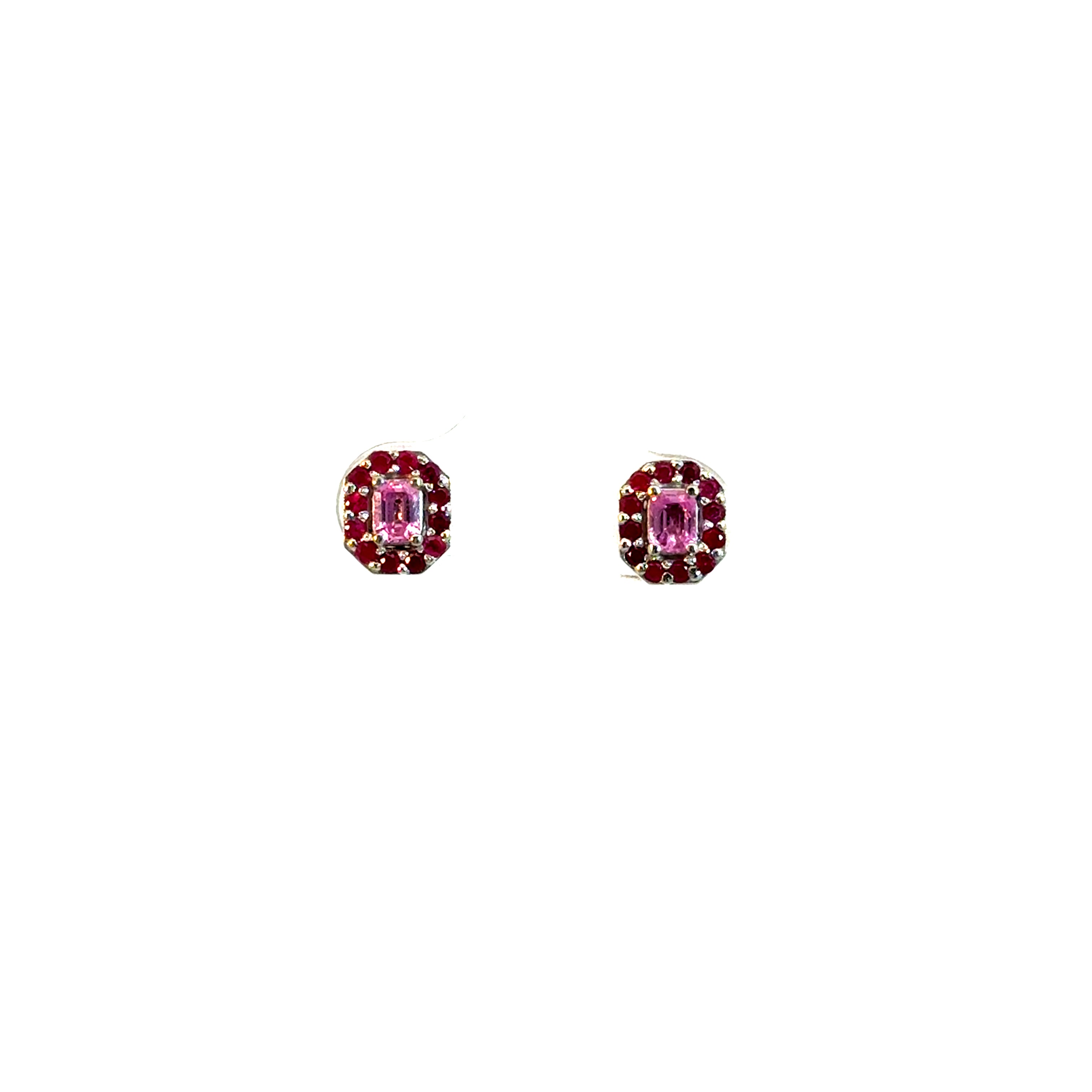 Aretes octogonal zafiro rosa con rubí oro blanco