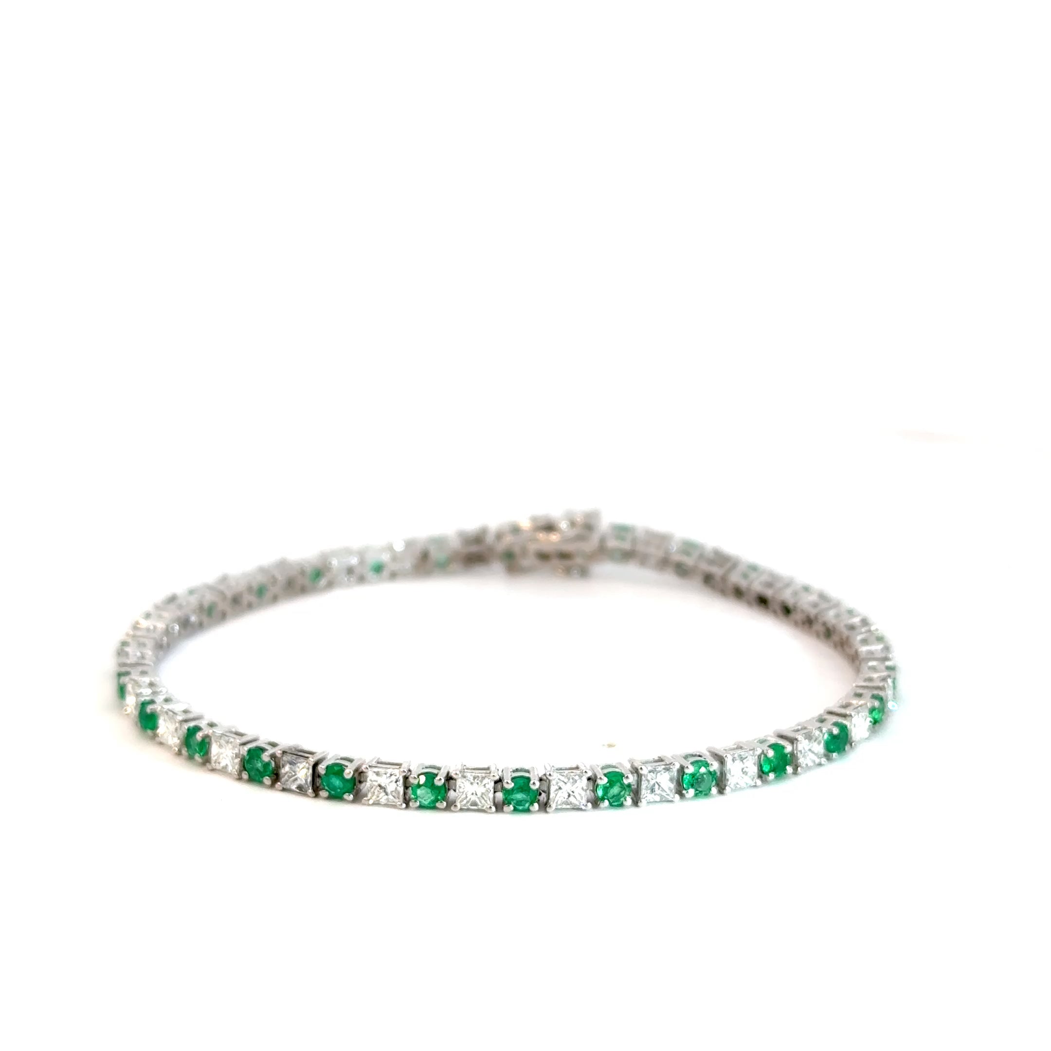 Pulsera Esmeraldas Redondas con Diamantes Princesa Oro Blanco
